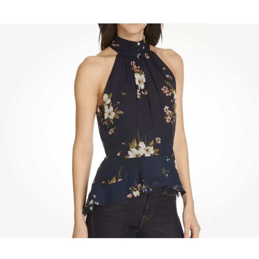 JOIE ABBIGAYL FLORAL-PRINT SILK HALTER PEPLUM TOP BLOUSE DARK BLUE SZ 8 Ret $228